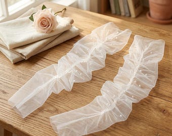 Sheer Tulle Pearl Bridal Gloves, Elegant Ruched Wedding Arm Sleeves for Bride, Ivory & Black Bridal Accessories, Perfect Bridal Shower Gift