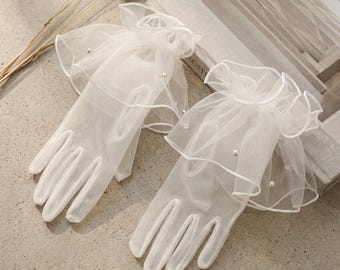Short Tulle Bridal Gloves with Hand-Sewn Pearls, Light Ivory Wedding Gloves for Modern Bride, Elegant Rolled Hem Wedding Day Accessory