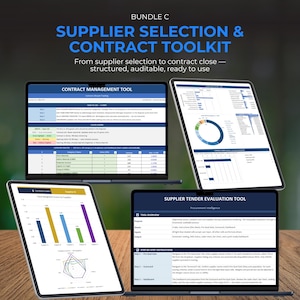May include: A digital bundle titled Supplier Selection & Contract Toolkit displayed on three screens. The screens show spreadsheets, bar charts, radar charts, and text instructions for contract management and supplier tender evaluation processes.