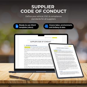 May include: A digital document titled Supplier Code of Conduct displayed on a laptop and tablet screen. The text outlines ethical, ESG, and compliance standards. A black pen rests on the wooden surface in front of the devices, which show text.