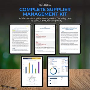 Op de afbeelding: Een digitaal pakket getiteld BUNDLE A COMPLETE SUPPLIER MANAGEMENT KIT met vijf tabletschermen die zakelijke documenten weergeven, waaronder een gedragscode voor leveranciers, een geheimhoudingsverklaring en diverse datagrafieken.