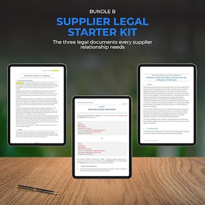 May include: A digital bundle titled B Supplier Legal Starter Kit featuring three legal documents: a Supplier Code of Conduct, a Mutual Non-Disclosure Agreement, and General Terms and Conditions for the Purchase of Goods and the Utilization of Services.