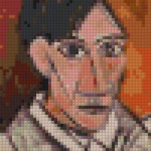 May include: A pixelated portrait of a person with dark hair and a light-colored collared shirt. The artwork uses a mosaic style with a palette of browns, oranges, and pinks, creating a textured effect. The background is a blend of warm tones.