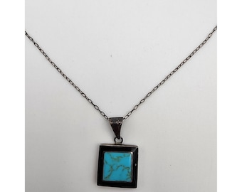 Vintage 880 Silver Modernist Turquoise Onyx Pendant Necklace Geometric Square Mid Century Fine Estate Jewelry Gift for Her 925 Spring Clasp