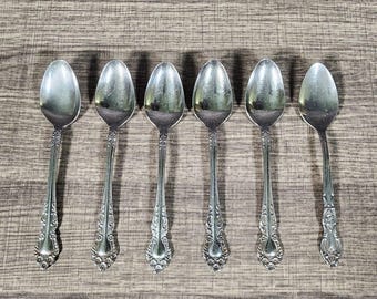Vintage 1974 Ekco Eterna Beaumont Pattern Teaspoons, Set of 6, Stainless Steel Floral Scroll Flatware Made in Japan