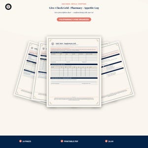 May include: A set of printable pages titled Daily Meds, Supplements Grid, Pharmacy, and Appetite Log. The documents feature tables for tracking medication, dosage, and symptoms, with a cream background, dark blue text, and coral accents.