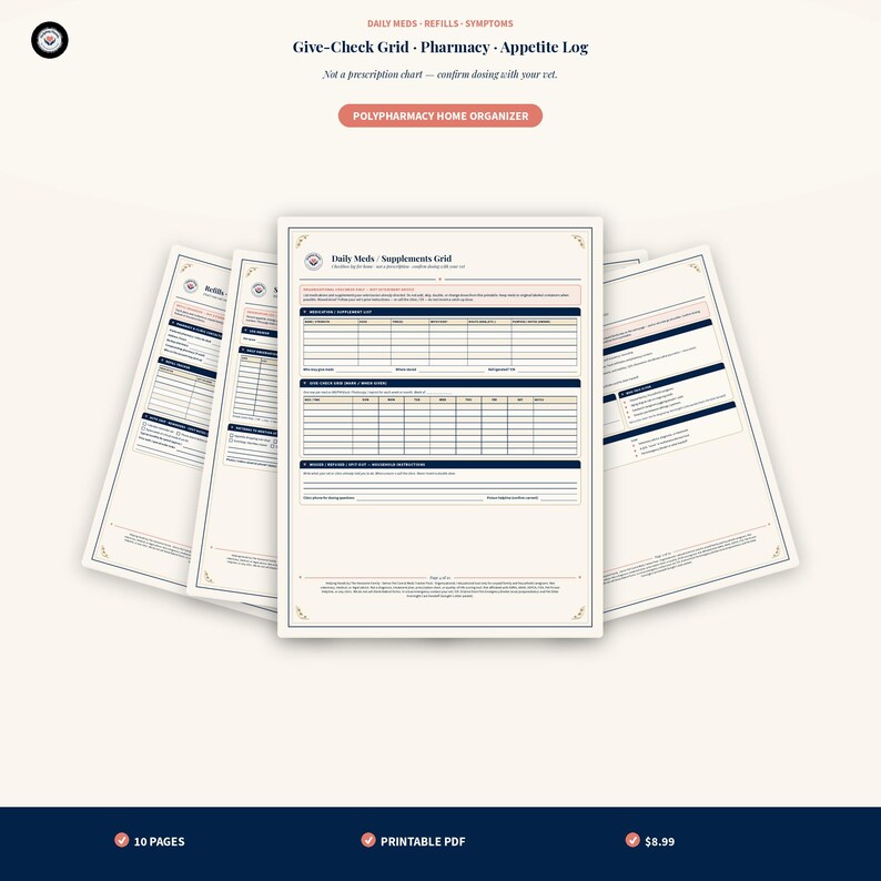 May include: A set of printable pages titled Daily Meds, Supplements Grid, Pharmacy, and Appetite Log. The documents feature tables for tracking medication, dosage, and symptoms, with a cream background, dark blue text, and coral accents.