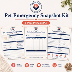 May include: A 3-page printable Pet Emergency Snapshot Kit PDF featuring a Pet Emergency Snapshot Kit page, a Pet Medication & Treatment Tracker page, and a Pet Sitter Instruction Sheet page, all with blue and red text and icons on white paper.