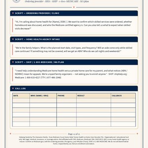 May include: A printed document titled Call Scripts + Log featuring sections for Ordering Provider, Home Health Agency Intake, and SHIP/1-800-MEDICARE/MA Plan. It includes a call log table with columns for date, name, phone, result, and callback.
