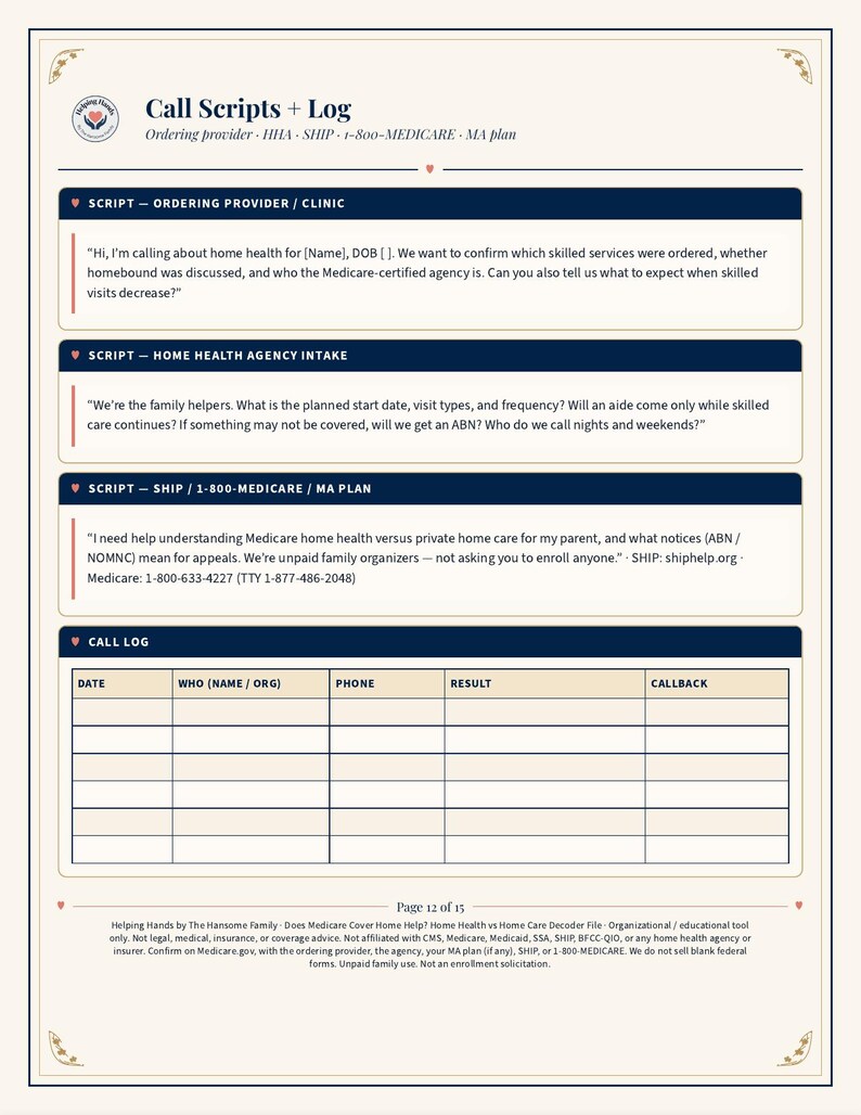 May include: A printed document titled Call Scripts + Log featuring sections for Ordering Provider, Home Health Agency Intake, and SHIP/1-800-MEDICARE/MA Plan. It includes a call log table with columns for date, name, phone, result, and callback.