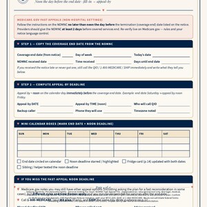 May include: A printed Deadline Clock Worksheet document featuring sections for Medicare.gov fast appeals, including fields for coverage end dates, appeal deadlines, and a mini calendar grid for tracking dates, all organized with dark blue headers.