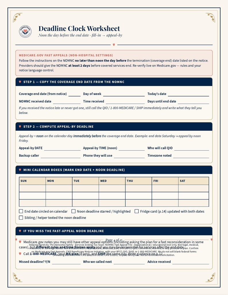 May include: A printed Deadline Clock Worksheet document featuring sections for Medicare.gov fast appeals, including fields for coverage end dates, appeal deadlines, and a mini calendar grid for tracking dates, all organized with dark blue headers.