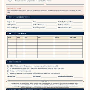 May include: A printed Appeal Tracking Log document featuring sections for Fast Appeal Request Record, Call/Fax/Portal Log, and Decision Result. The form includes fields for request dates, contact information, and deadlines, with a cream background.