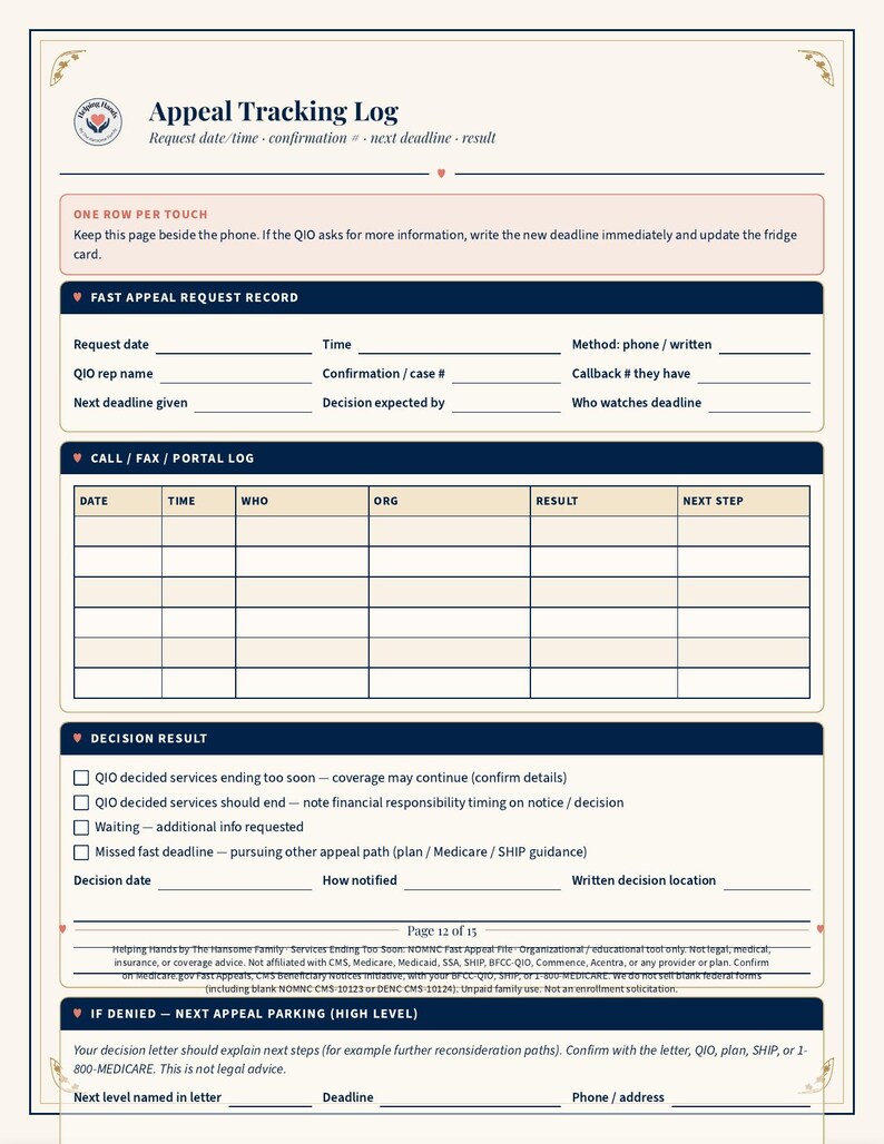 May include: A printed Appeal Tracking Log document featuring sections for Fast Appeal Request Record, Call/Fax/Portal Log, and Decision Result. The form includes fields for request dates, contact information, and deadlines, with a cream background.