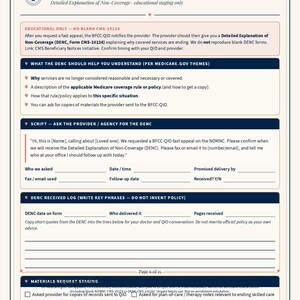 May include: A white educational document titled Ask for the DENC, Detailed Explanation of Non-Coverage, featuring sections on Medicare coverage rules, a script for requesting forms, a DENC received log, and a materials request staging checklist.