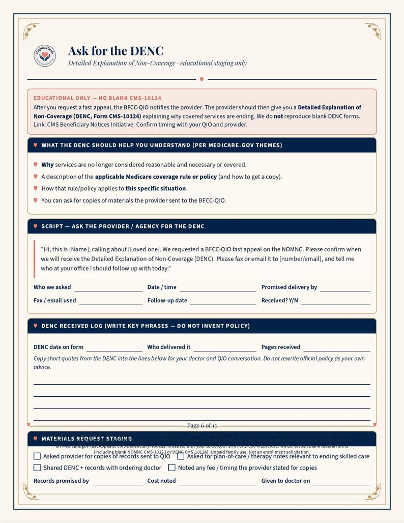 May include: A white educational document titled Ask for the DENC, Detailed Explanation of Non-Coverage, featuring sections on Medicare coverage rules, a script for requesting forms, a DENC received log, and a materials request staging checklist.