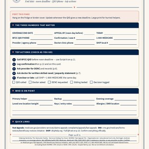 May include: A white Fridge Crisis Card document with dark blue headers and text. It includes sections for coverage end dates, appeal deadlines, contact numbers, and a checklist of top actions for caregivers, labeled as page 14 of 15 in the footer.