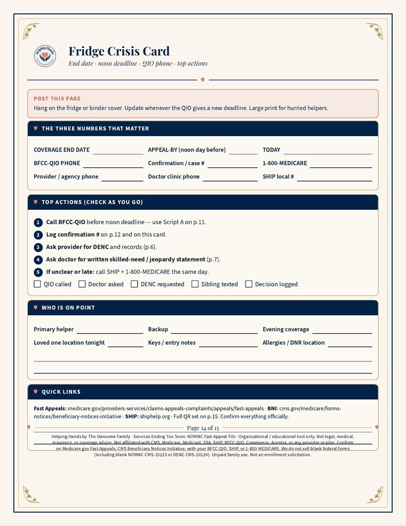 May include: A white Fridge Crisis Card document with dark blue headers and text. It includes sections for coverage end dates, appeal deadlines, contact numbers, and a checklist of top actions for caregivers, labeled as page 14 of 15 in the footer.