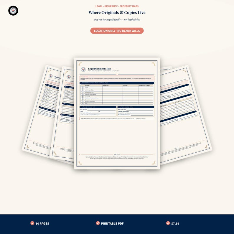 May include: A set of ten printable PDF pages titled Legal Documents Map: Where Originals & Copies Live. The documents feature tables for tracking estate, insurance, and property records, with sections for location details and contact information.