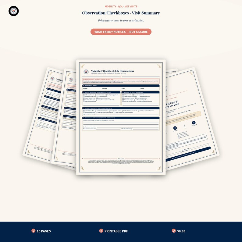 May include: A set of printable pet care tracking documents featuring a Mobility and Quality-of-Life Observations form. The pages include checkboxes for monitoring pet health, mobility, and daily engagement, designed for veterinarian visits.