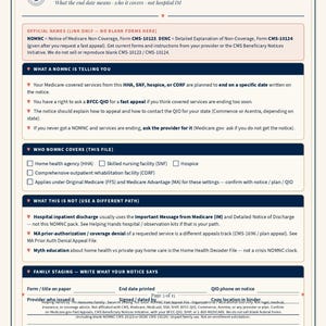 May include: A white informational document titled NOMNC Decoder with dark blue headers and text explaining Medicare non-coverage notices. It includes sections on what the notice means, who it covers, and a family staging area with blank lines.