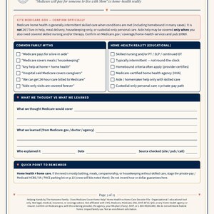 May include: A white educational document titled Myth vs Fact Board, featuring a comparison of Medicare home health coverage. It includes sections for common myths, realities, and a worksheet for personal notes, all framed with decorative corner accents.