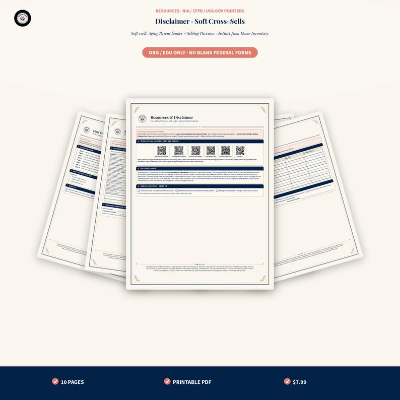 May include: A set of ten printable PDF pages featuring a Resources and Disclaimer document. The pages include text, checkboxes, and six QR codes. The design uses a white background with dark blue borders and headers, organized in a fan layout.