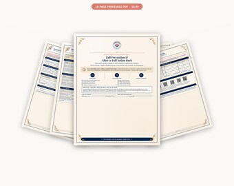 May include: A 10-page printable PDF titled Fall Prevention & After-a-Fall Pack. The document features a home safety checklist for unpaid adult children, including sections for risk assessment, action plans, and medical history with CDC STEADI links.