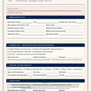 May include: A printed document titled What You Received Log with sections for NOMNC receipt facts, coverage path, provider setting checklist, and copies staged. The form includes blank lines for dates, names, and contact information for Medicare.