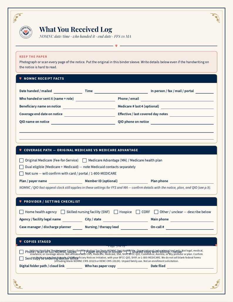 May include: A printed document titled What You Received Log with sections for NOMNC receipt facts, coverage path, provider setting checklist, and copies staged. The form includes blank lines for dates, names, and contact information for Medicare.