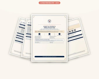 May include: A 12-page printable PDF document titled Family Care Meeting & Sibling Division Pack. The pages feature dark blue text, structured forms, checkboxes, and organizational sections for caregiving planning on a light cream background.