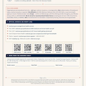 May include: A printable informational document titled Disclaimer + Official Sources, featuring a full disclaimer, a list of Medicare-related web links, six QR codes for resources, and a section for binder owner, date filed, and next review.