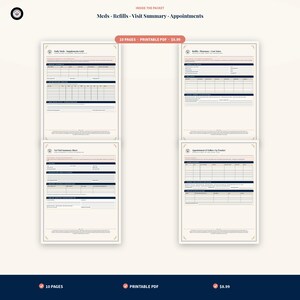 May include: A set of four printable medical tracking forms featuring sections for Daily Meds, Supplements Grid, Refills, Pharmacy, Visit Summary, and Appointment Follow-Up Tracker. The documents have a clean layout with dark blue headers.