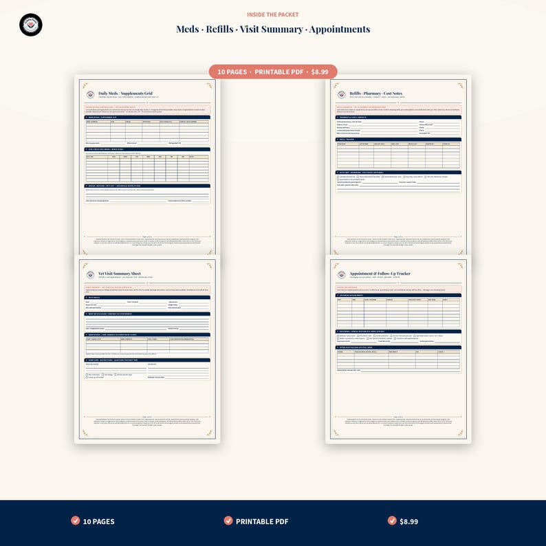 May include: A set of four printable medical tracking forms featuring sections for Daily Meds, Supplements Grid, Refills, Pharmacy, Visit Summary, and Appointment Follow-Up Tracker. The documents have a clean layout with dark blue headers.