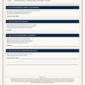 May include: A white informational document titled Questions to Ask with dark blue headers. It includes sections for a discharge planner, ordering provider, HHA intake nurse, and MA plan, each with specific questions and blank lines for written notes.