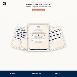 May include: A 16-page printable PDF Medicare Open Enrollment Kit featuring a central document titled Medicare Open Enrollment Kitchen-Table Kit, surrounded by multiple pages of forms with dark blue text, cream backgrounds, and decorative borders.
