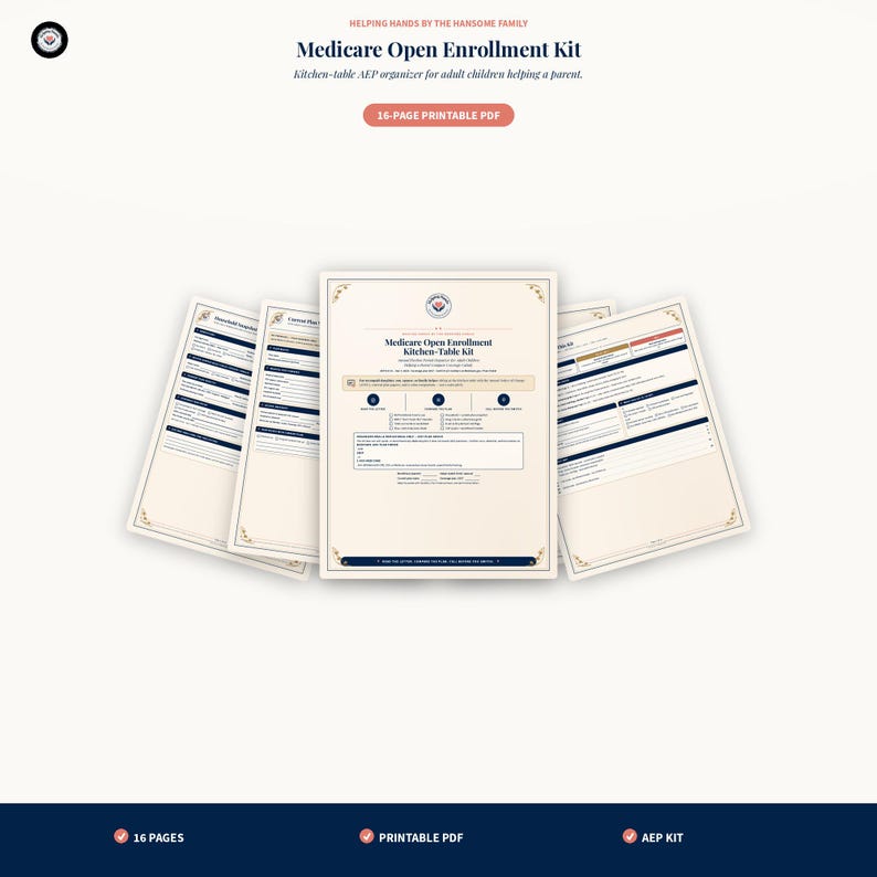 May include: A 16-page printable PDF Medicare Open Enrollment Kit featuring a central document titled Medicare Open Enrollment Kitchen-Table Kit, surrounded by multiple pages of forms with dark blue text, cream backgrounds, and decorative borders.