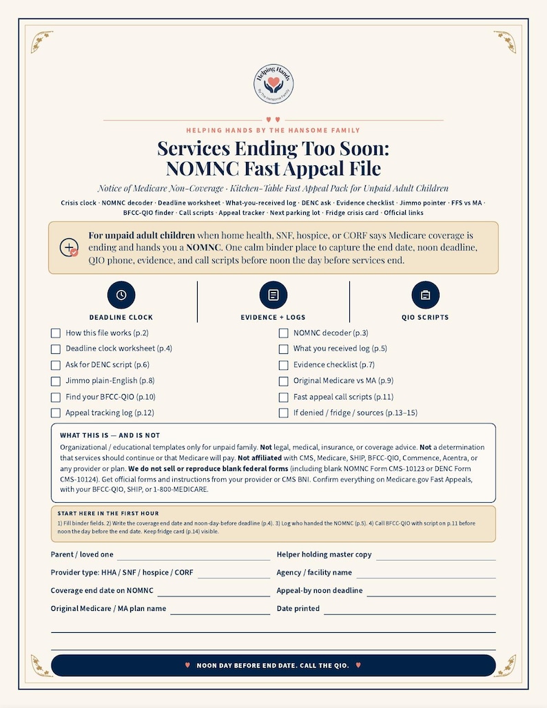 May include: A document titled Services Ending Too Soon: NOMNC Fast Appeal File, featuring sections for deadline clock, evidence logs, and QIO scripts. It includes checklists, instructional text, and blank fields for recording parent information, provider types, and dates.