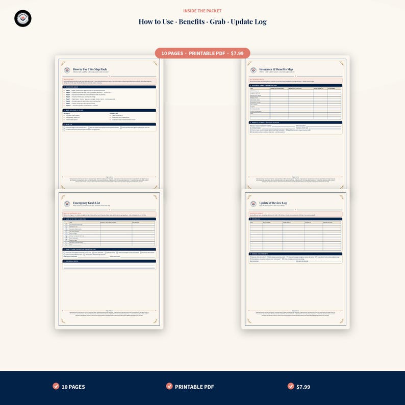 May include: A set of four printable PDF pages featuring structured forms for organization. The documents include sections titled How to Use This Map Pack, Insurance & Benefits Map, Emergency Cash List, and Update & Review Log with tables and text.