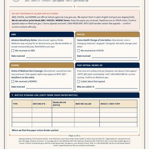 May include: A printed educational document titled Notices Decoder, featuring sections for ABN, HHCCN, NOMNC, and Fast Appeal Heads-Up. It includes a Notice Staging Log table with columns for type, date received, deadline, contact, and result, plus footer text.