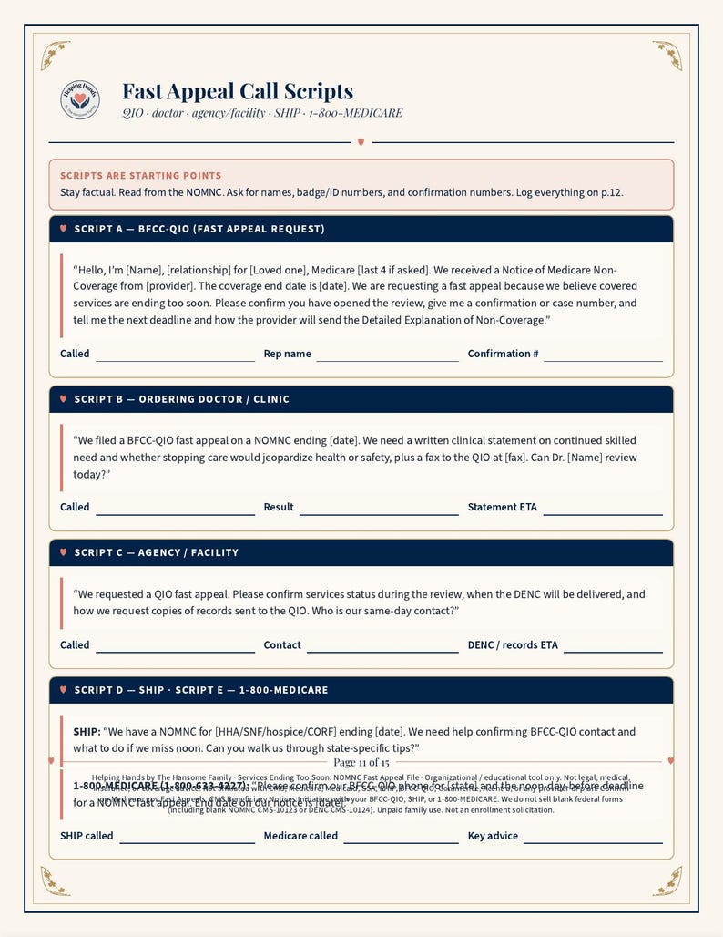 May include: A document titled Fast Appeal Call Scripts featuring sections for BFCC-QIO, doctor, clinic, agency, and facility communication. It includes specific dialogue templates, blank lines for recording call details, and contact information for Medicare.