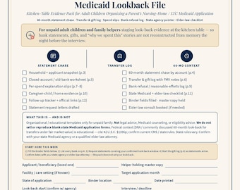 May include: A Medicaid Lookback File organizational document by Helping Hands by the Hansome Family. This white paper form features dark blue text, checkboxes, and sections for tracking financial statements, transfer logs, and applicant details.