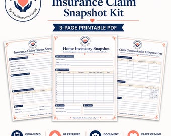 May include: A 3-page printable PDF titled Home Inventory Insurance Claim Snapshot Kit. The pages include an Insurance Claim Starter Sheet, a Home Inventory Snapshot, and a Claim Communication & Expense Log with fields for property details, item lists, and contact information, all featuring the Helping Hands by The Hansome Family logo.