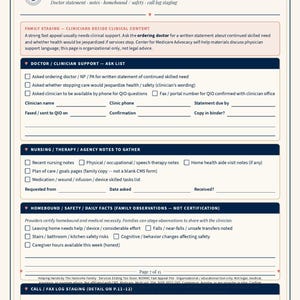 May include: A printed Evidence Checklist document titled Helping Hands, featuring sections for doctor and clinician support, nursing and therapy notes, and homebound safety observations with blank lines for recording information and checkboxes for tracking tasks.