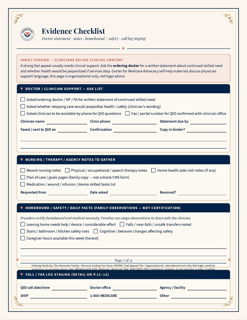 May include: A printed Evidence Checklist document titled Helping Hands, featuring sections for doctor and clinician support, nursing and therapy notes, and homebound safety observations with blank lines for recording information and checkboxes for tracking tasks.