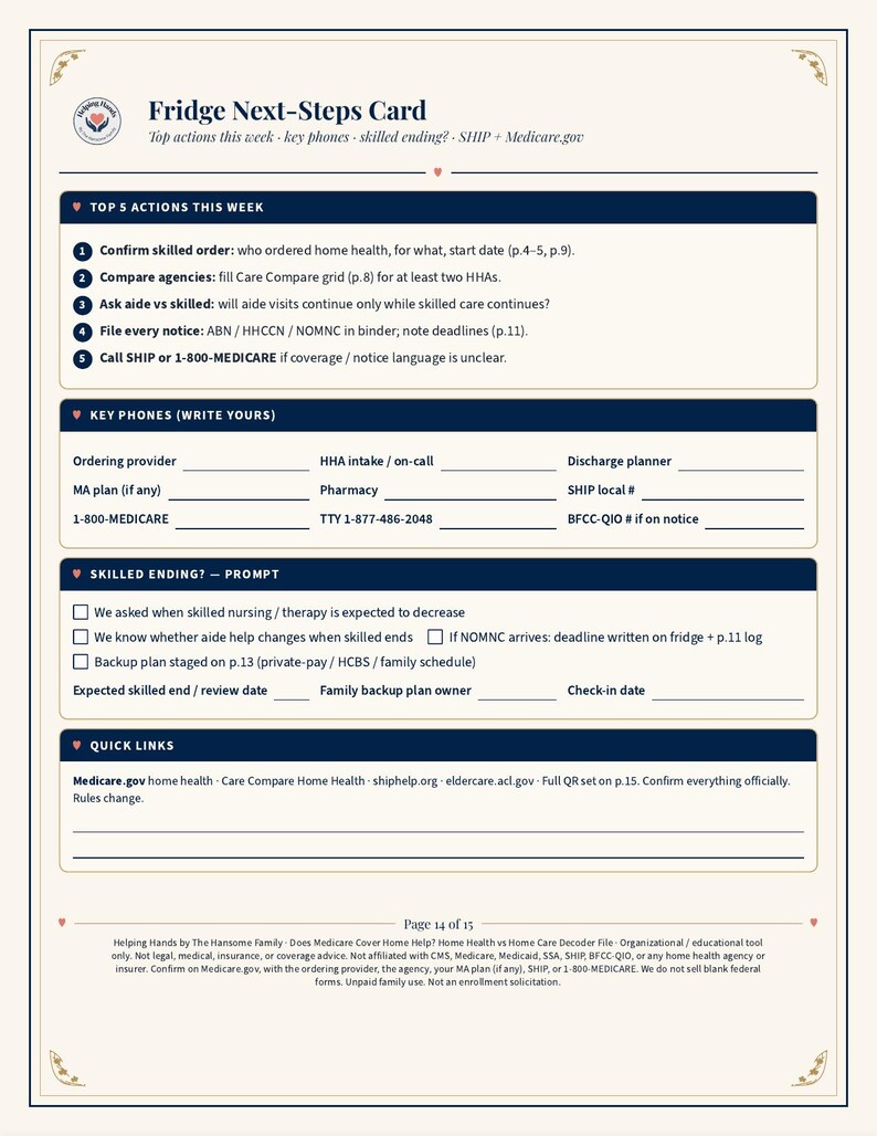 May include: A white informational card titled Fridge Next-Steps Card with dark blue headers. It includes sections for Top 5 Actions This Week, Key Phones, Skilled Ending Prompt, and Quick Links, featuring checkboxes and blank lines for writing.