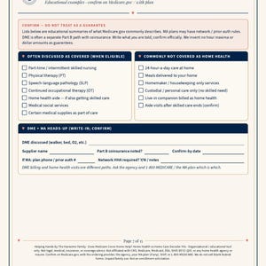 May include: A printed document titled Covered vs Not Covered Checklist, featuring sections for home health coverage, a DME heads-up area with fillable lines, and a disclaimer at the bottom. The page is labeled Page 7 of 15 and includes a logo.