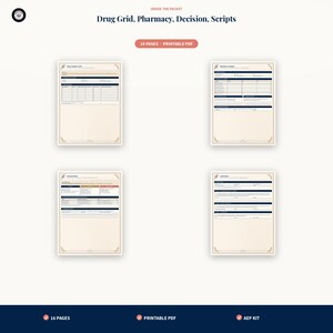 May include: A set of four printable PDF pages titled Drug Grid, Pharmacy, Decision, and Scripts. Each page features a cream-colored background with dark blue headers, structured tables, and decorative corner accents. The text includes 16 PAGES and AEP KIT.