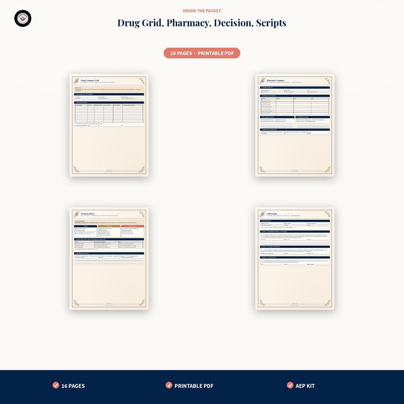 May include: A set of four printable PDF pages titled Drug Grid, Pharmacy, Decision, and Scripts. Each page features a cream-colored background with dark blue headers, structured tables, and decorative corner accents. The text includes 16 PAGES and AEP KIT.