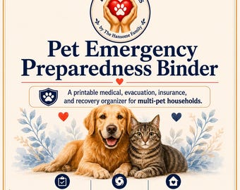 May include: A Pet Emergency Preparedness Binder cover featuring a golden retriever and a tabby cat. Text includes: Helping Hands by The Hansome Family, Pet Emergency Preparedness Binder, A printable medical, evacuation, insurance, and recovery organizer, PREPARE, RESPOND, RECOVER, and A CLEAR PLAN. A SAFE PET. PEACE OF MIND.